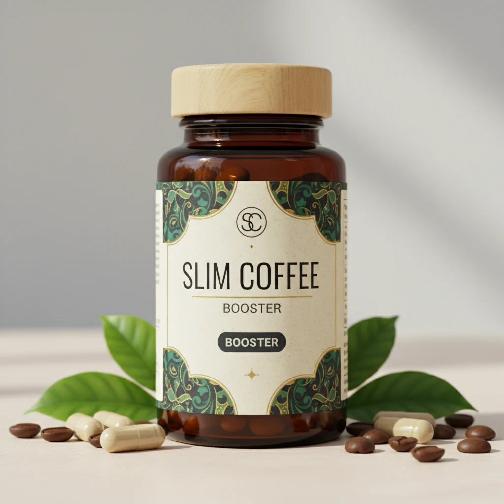 Slim Coffee Booster supplement box - dark navy packaging with purple and pink crescent motif